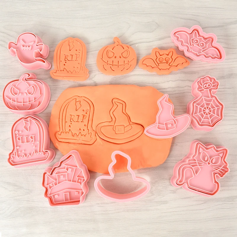 

8pcs Cookie Cutters Mold DIY Pumpkin Ghost Witch Hat Spider Cat Shape Biscuit Stamp Embosser Halloween Party Kitchen Accessories