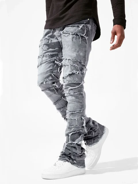 New Stacked Jeans Men Patchworks Spliced Denim Ripped Wash Frayed Pants Male's Streetwear 2