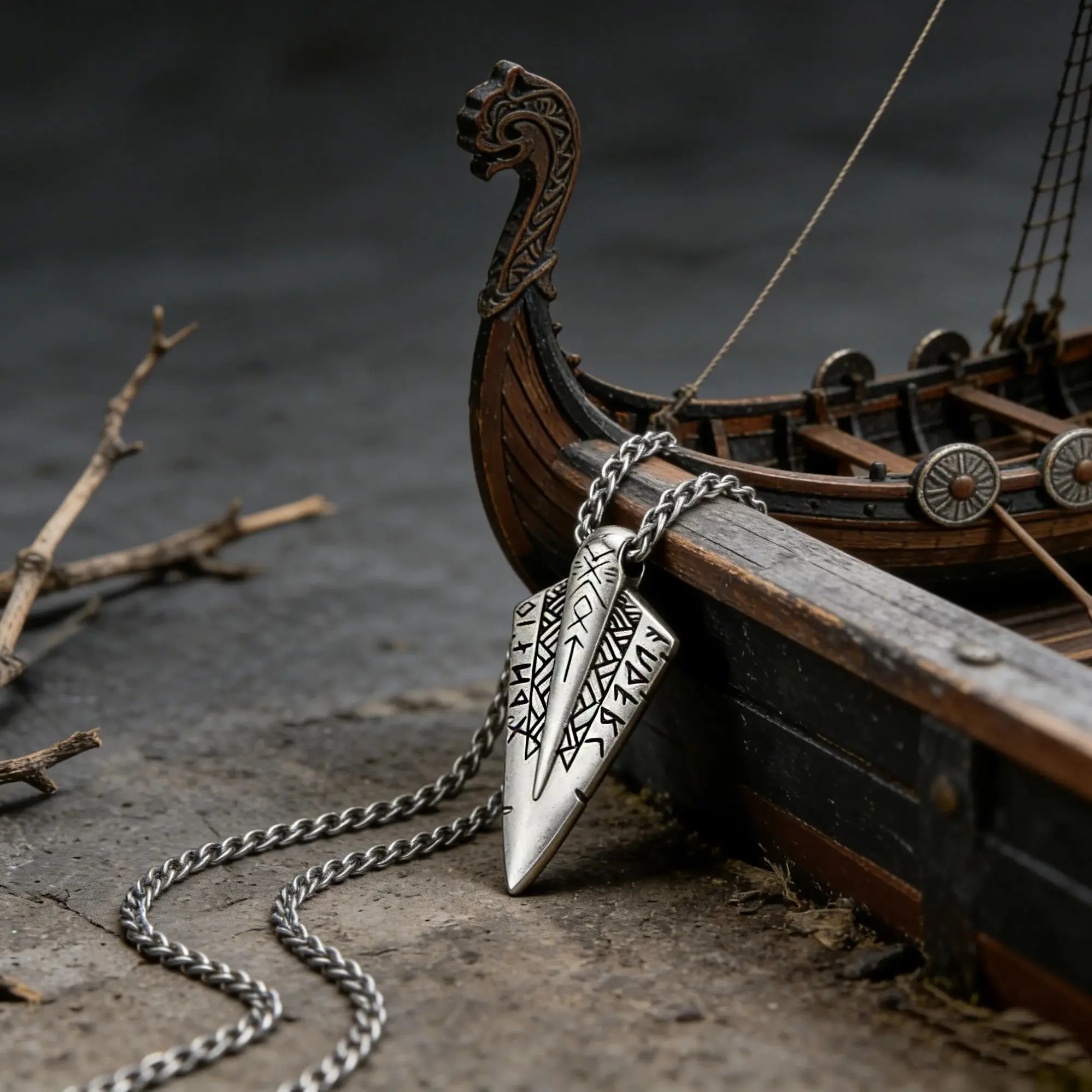 Vintage Nordische Wikinger-Speerspitzen-Anhänger-Halskette aus Edelstahl mit Runen und Keltischem Knoten, Kriegerischer Gothic-Punk-Schmuck