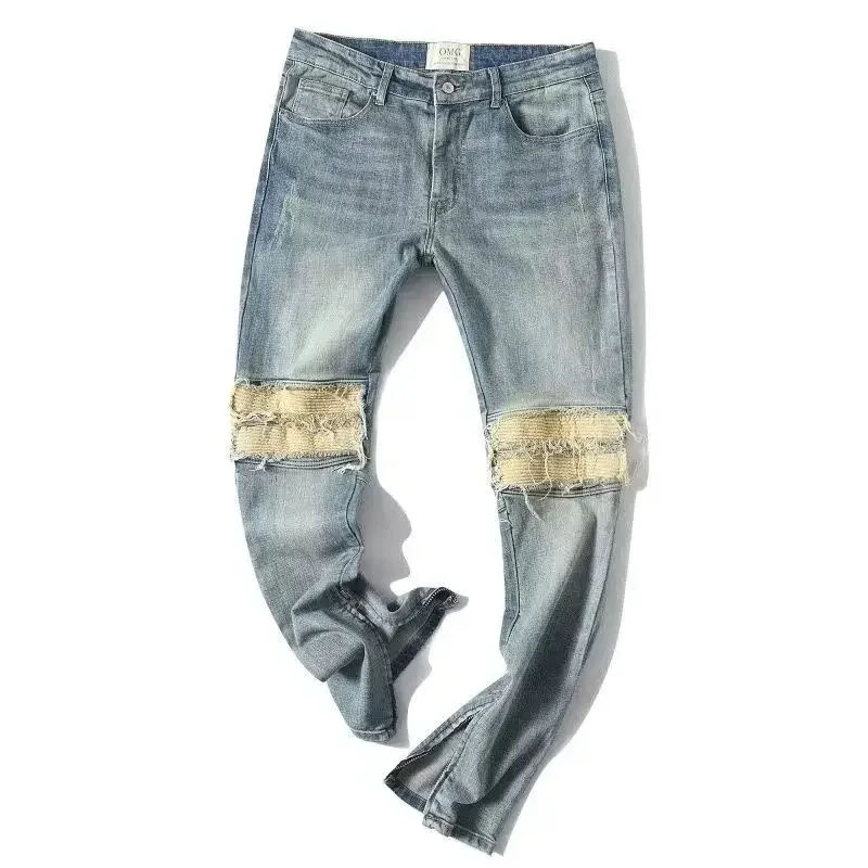 Pantaloni Pantaloni Da Cowboy Maschili Elasticizzati Elasticizzati Jeans Da Moto Tagliati Per Uomo Impiombati Blu Chiaro Retro Xs 2023 Denim Autunnale