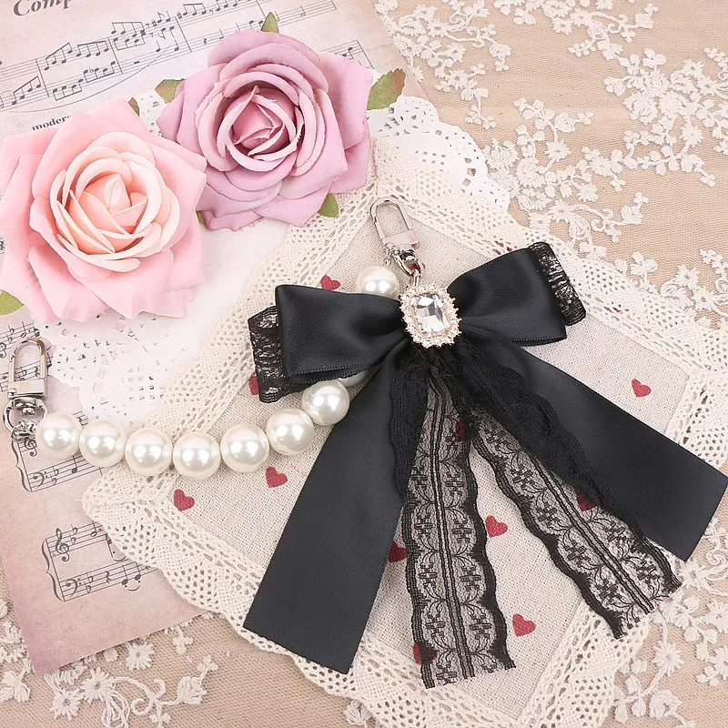 Japanese Style Sweet Cute All-Match Women's Lace Diamonds Bag Accessories Fashion High-End Bow Stringed Pearls Handbag Pendant
