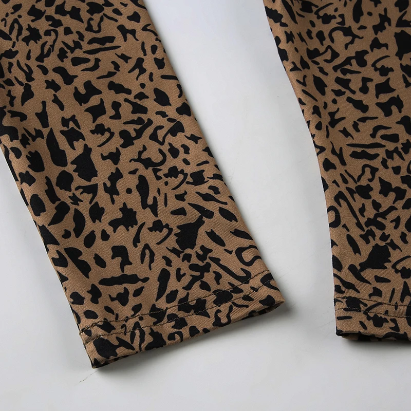 Leopard Print O Neck Fitted Crop Top Women Sexy Fashion Streetwear Y2K Vintage Brown Long Sleeve Buttons Tee shirt