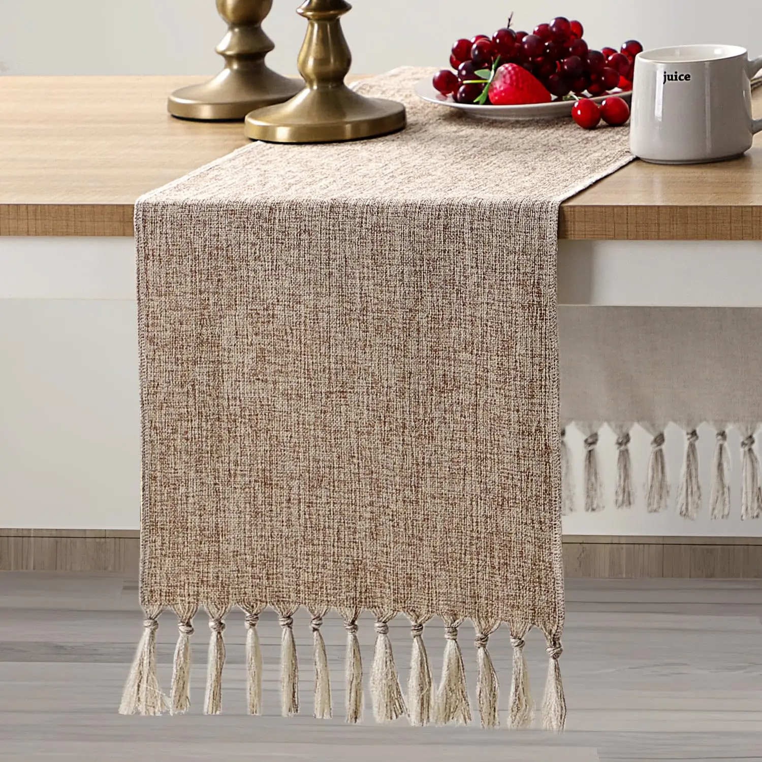 Rustic Table Runner with Tassels, Khaki Table Runner, Boho Style, Handmade, Home Dining,Coffee Table,Kitchen
