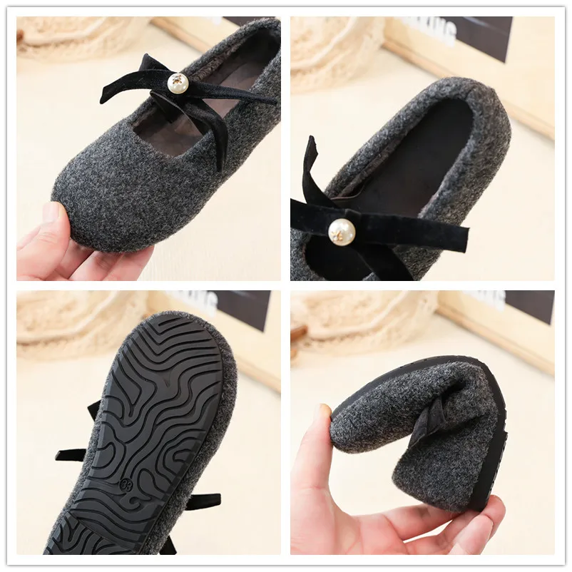 Girls Winter Fuzzy Ballet Flats with Bow Detail