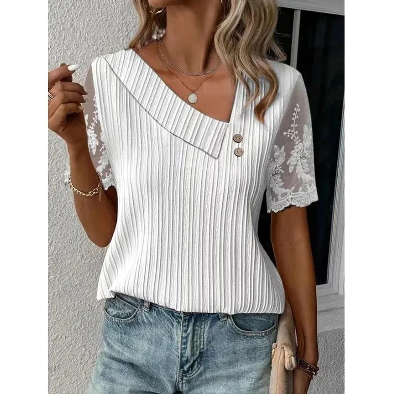 Skew Collar Lace Short Sleeve Blouse Summer Elegant Women Casual shirt Tops For Women Simple Buttons Loose Casual Shirt 28326