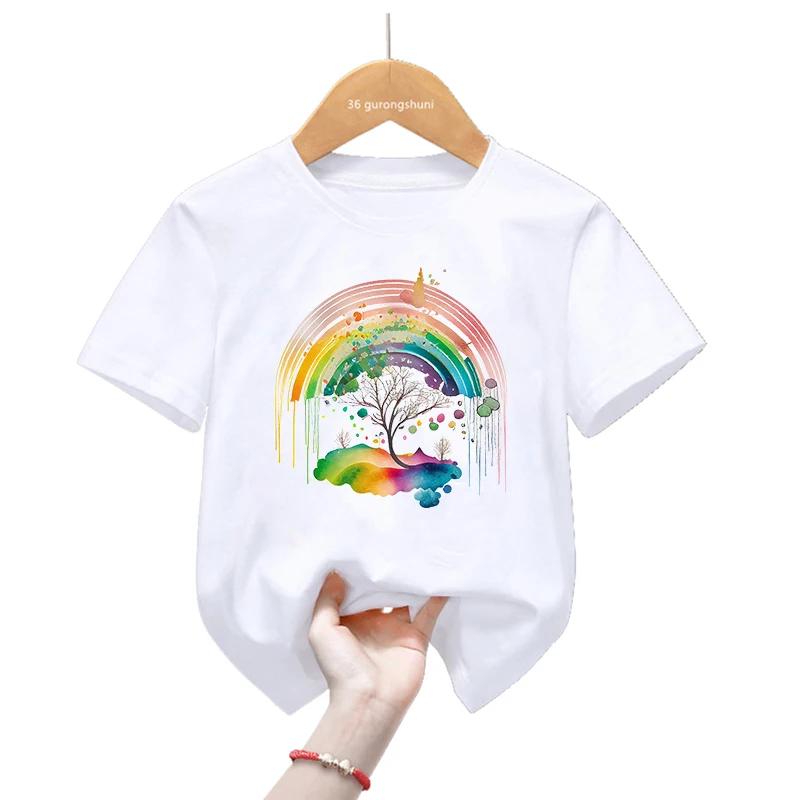 

Cute Rainbow Tree Print T Shirt Girls/Boys Harajuku Kawaii Kids Clothes Funny Mushroom T-Shirt Female Summer Fashion T-Shirt