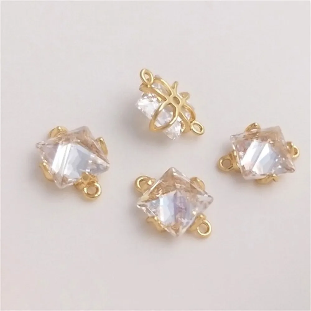 14K Gold Inlaid Square Zircon Double Suspension Accessory DIY Handmade Jewelry Material Bracelet Earring Connector Charms K356 14k gold inlaid zircon three dimensional bow pendant jewelry diy handmade earrings bracelet charms pendant k368