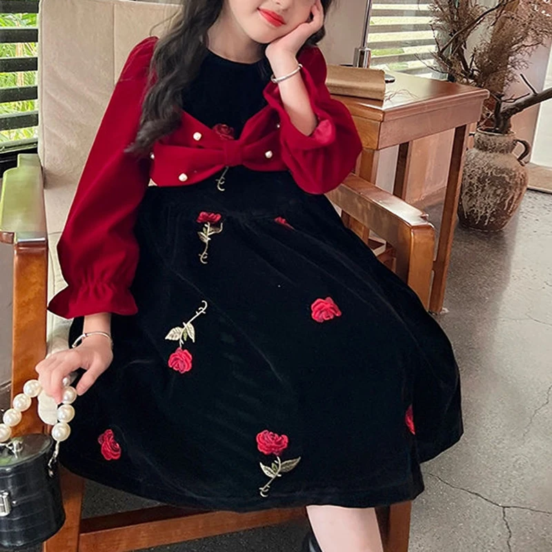 

spring autumn winter velour teen Girls patchwork dress high-end mid length red embroidery flower long sleeve princess dresses