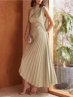 Freeacy 2025 Women's Solid Color Sleeveless High Neck Party Dress High Waist Pleated Floor Length Graceful Evening Dresses - Image 5