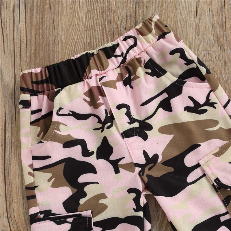 Kid Girls Long Pants Outfits Sleeveless Letter Print Sling Tank Tops+Elastic Waist Camouflage Pattern Pockets Pants Set 1-6Years