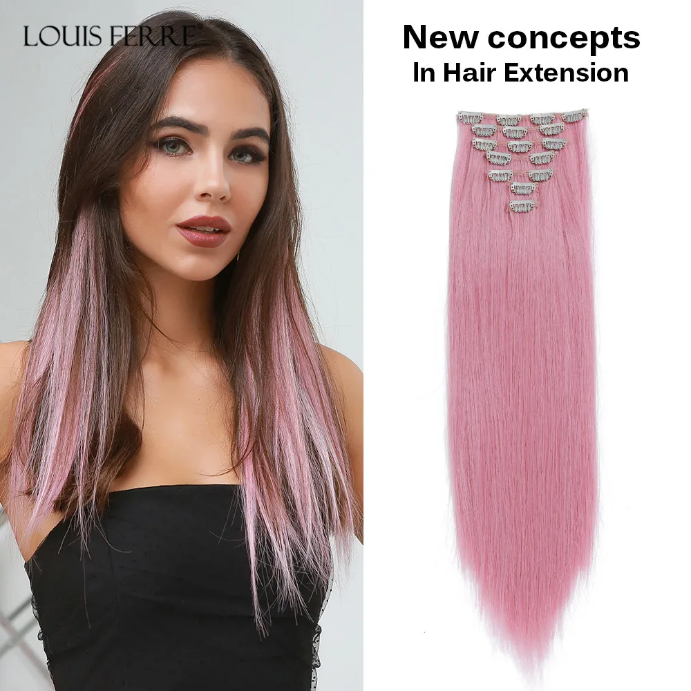 

7Pcs/Set Long Straight Clip In Hair Extension Pink Colorful Synthetic Hairpiece with Clips For Women Natural Heat Resistant Hair