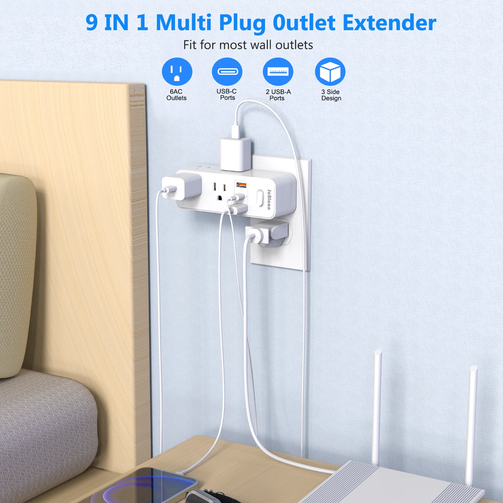 360&deg;Rotating Power Strip US Plug with 6 AC Outlets 3 USB Ports 1 Type-C,Multiple Wall Socket with Switch Network Filter for Home