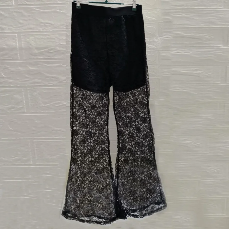 European American Men Casual Pants Sexy Black Lace Trousers Show Dress Mesh Cut Out Bell-bottoms Moletom Masculino Pantalon New