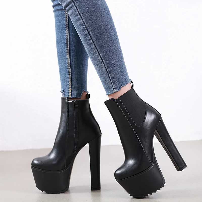 Comemore 16cm High Heel Women's Boot Winter Women Chelsea Ankle Boots Pipe Platform Thick Heels Women Shoes Elegant