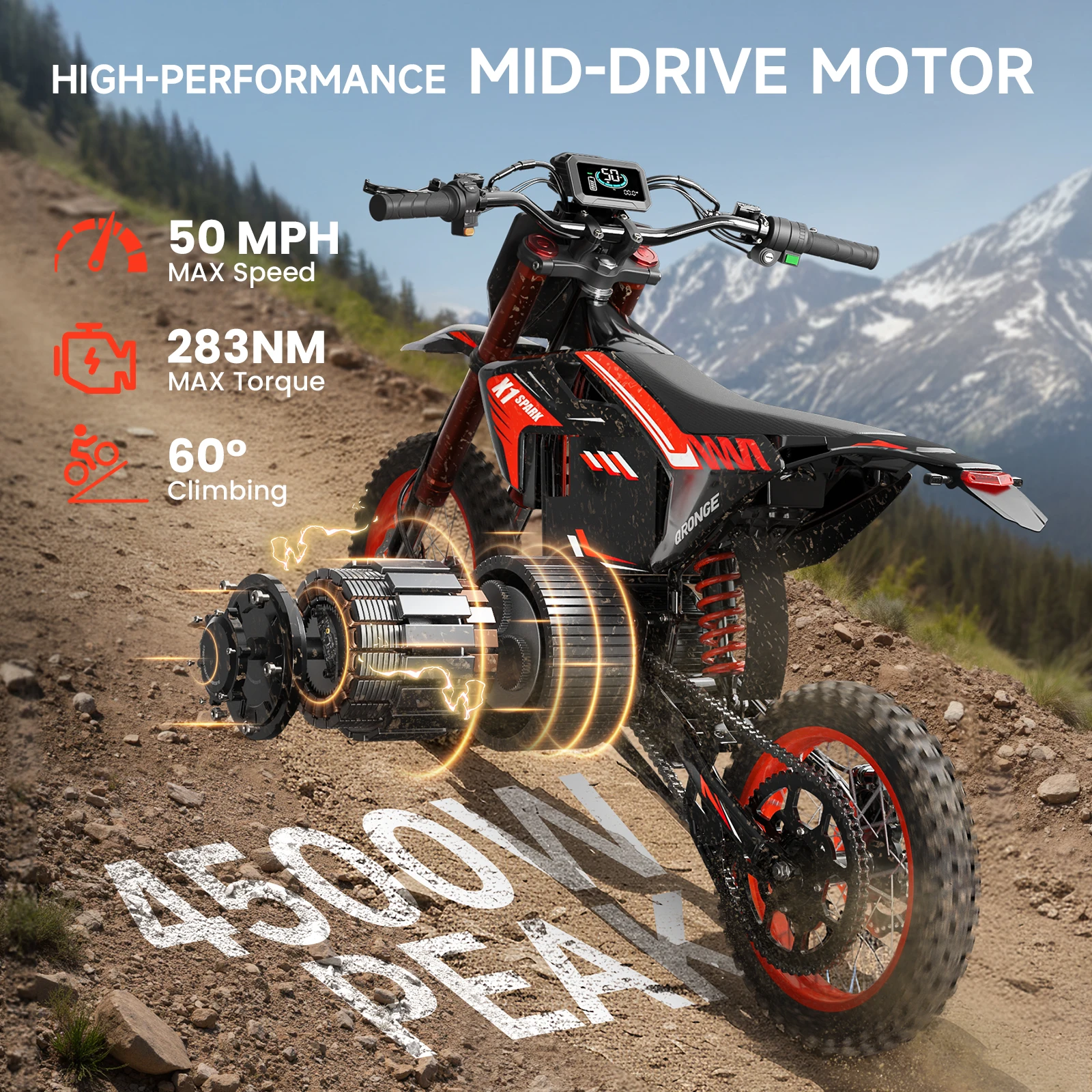 QRONGE X1 Spark Electric Dirt Bike 4500W Peak&Up to 60 Miles 50MPH 60V 28.8Ah Battery E-Bike 14/12" Fat Tire Electric Motorcycle
