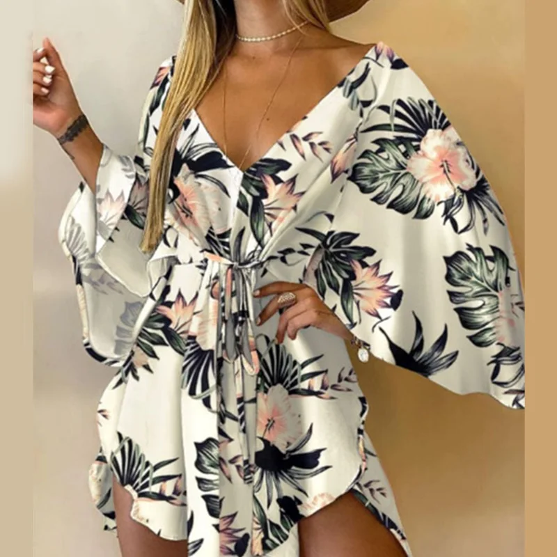 

Irregular Boho Mini Dress Bat Sleeve 2023 Fall Feminine Sexy Deep V Neck Loose Party Spring Mini Dress With Lace Belt Fall