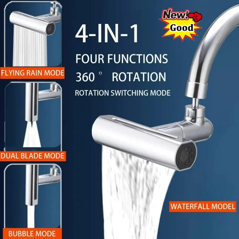 Kitchen Faucet 4 Modes Waterfall Kitchen Faucet Universal 720&deg; Swivel Spout Sprayer Bathroom Basin Water Tap Extender Rainfall Sink Mixer
