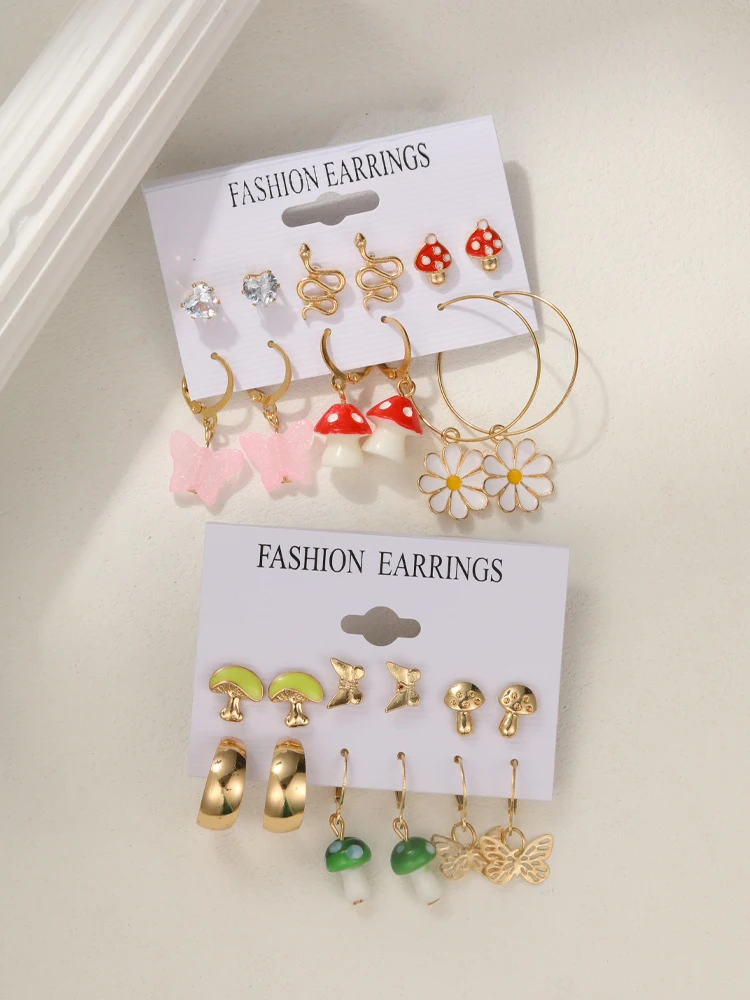 Fashion Gold Color Earrings Set for Women Creative Mushroom Butterfly Hoop Earrings 2024 Boho Geometric Earrings Punk Jewelry
