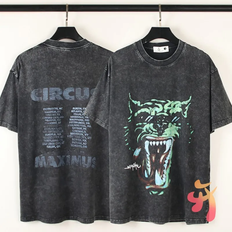 

American Street Rock Hip-hop Cactus Jack Tshirts Cotton Wolf Head Fang Print Washed Letter Logo Short Sleeve Top Tees Men Women