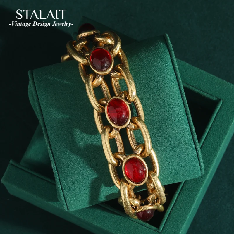 Vintage ovale rote Armbänder für Frauen, hochwertige Goldfarbe aus Natursteinen, Charm-Mädchen-Hochzeitsschmuck, Armreifen, klobig