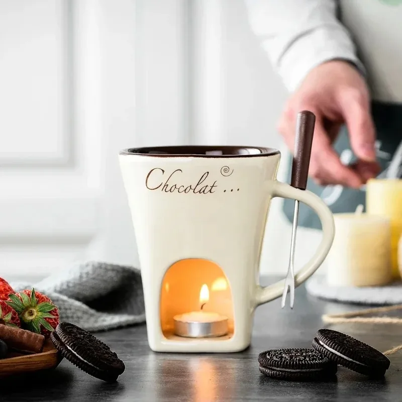 European Style Candle Cup, Cheese Chocolate Melting Ceramic Cup, Heated Food with Fork, Creative Tableware  Looks  Good