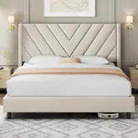 Queen Upholstered Platform Bed Wingback Tufted Headboard Wooden Slat Support No Box Spring Needed Beige Customized