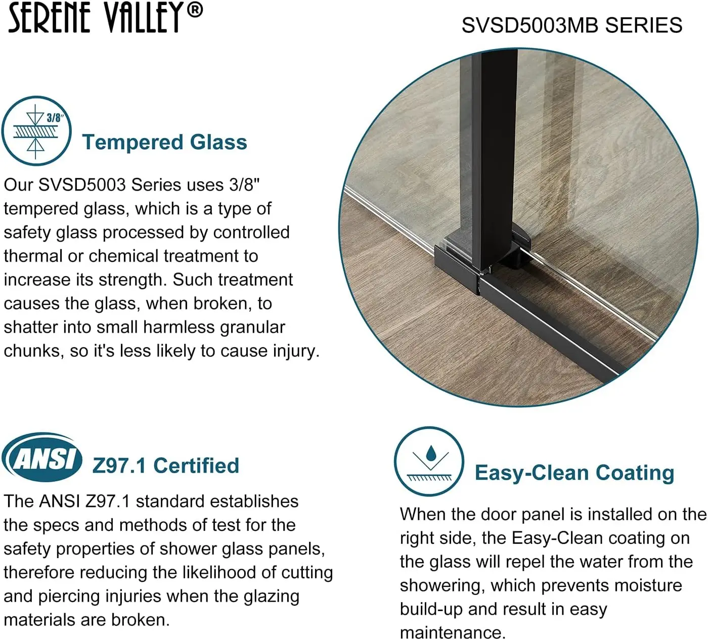 Square Rail Frameless Sliding Shower Door SVSD5003-4874MB, Easy-Clean Coating 3/8" Tempered Glass - 304 Stainless Steel Hardware 3