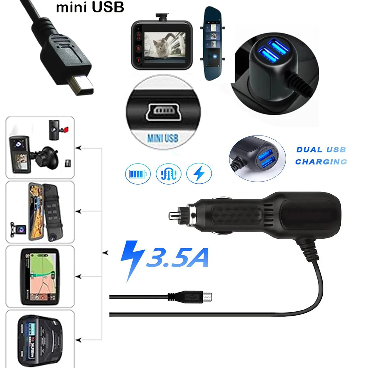 Caricabatterie dashcam per auto, ricarica super veloce per veicoli, cavo di alimentazione GPS, testina di ricarica per auto, accendisigari USB, caricabatteria per auto - immagine 2