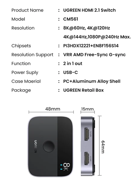 Ugreen HDMI 2.1 Switch 4K@120Hz 8K@60Hz Switcher 2-In-1