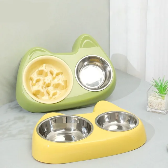2-in-1 Pet Slow Feeder Bowl with Double Stainless Steel Bowls - Anti-Choking Food & Water Bowl for Dogs/Cats, 2