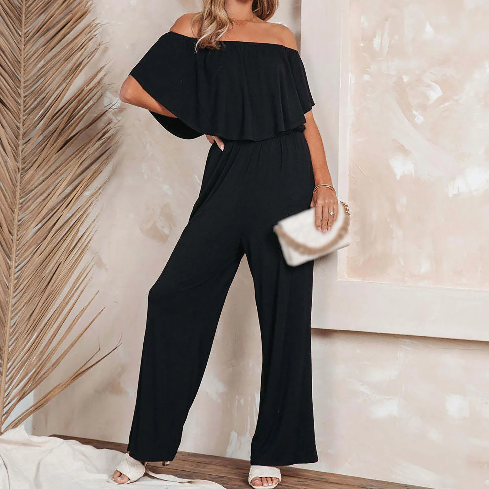 

Women Sexy Off Shoulder Casual Ruffles Jumpsuit 2023 Spring Summer Fashion Slash Neck Wide Leg Jumpsuits Streetwear Romper