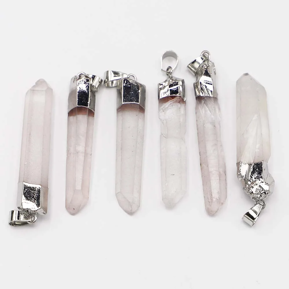 New Natural Stone Clear Crystal Quartz Platinum Plating Pendant Charm Raw Ore for Women Necklace Jewelry Making 6pcs Wholesale