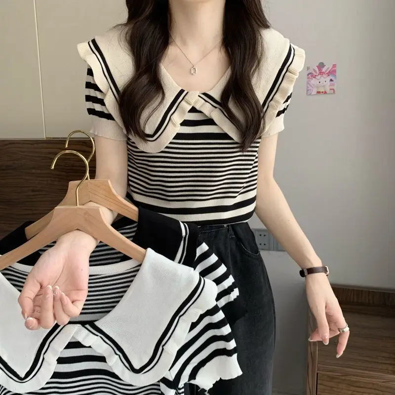 

Ladies Trend Fashion Vintage Women T Shirt Girl Harajuku Streewear Clothes Causal Female Y2K Tops Peter Pan Collar Striped Tee