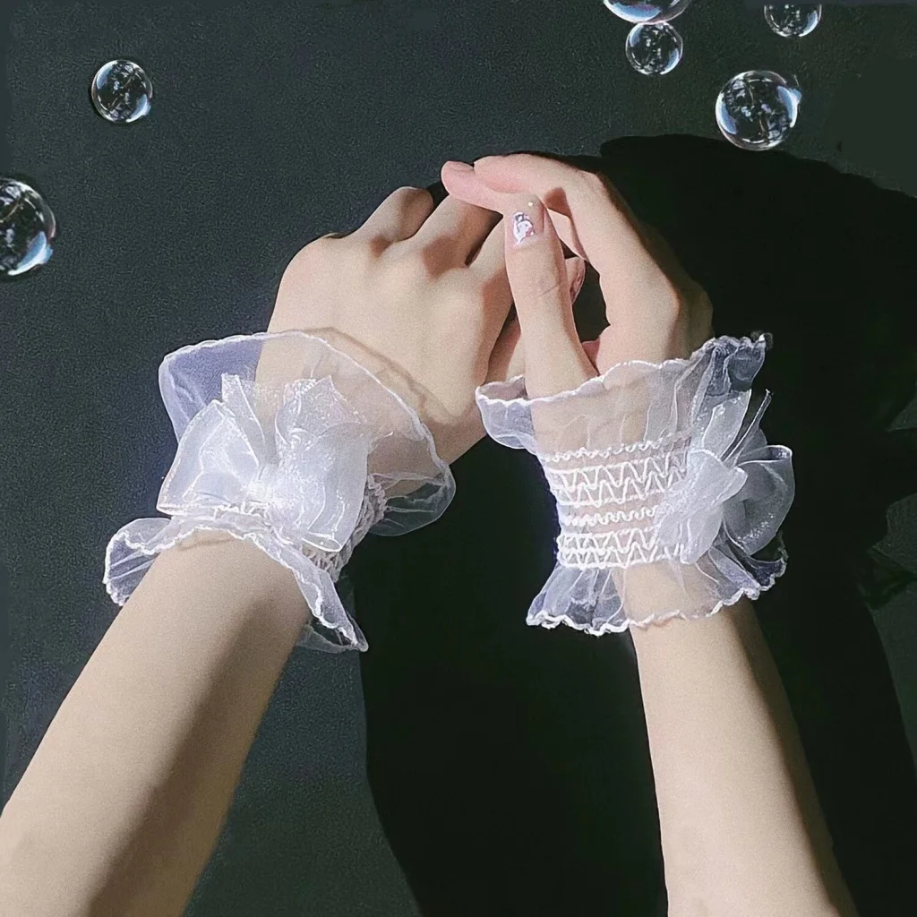 Lolita Loli False Sleeve Wrist Cuffs Fashion Bow Mesh Tulle Lace Gloves Women Girls Wedding Party Bracelet Wristband cosplay wrist cuffs cosplay bracelet