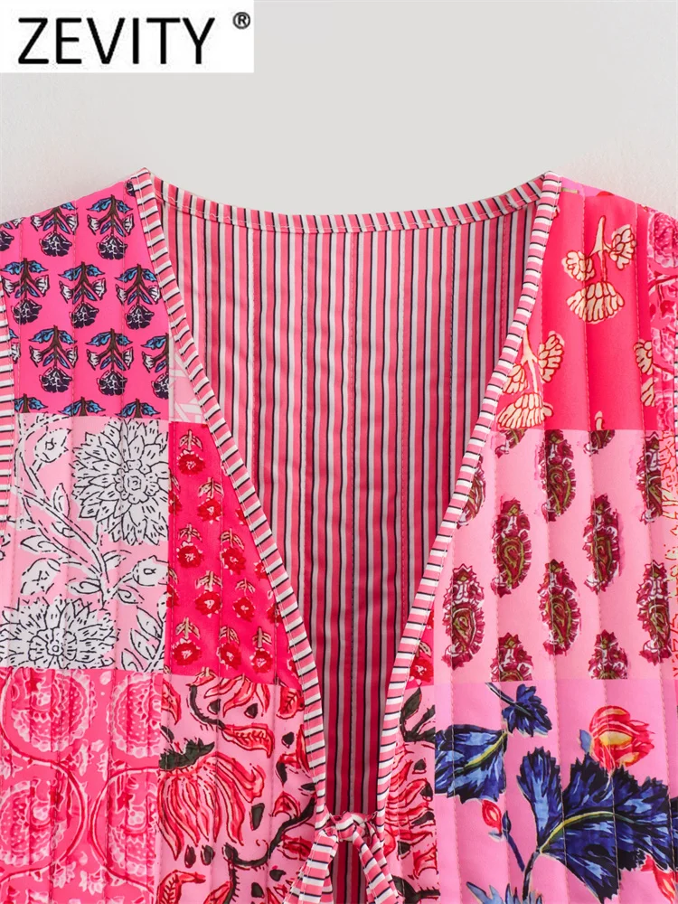 Zevity Women National Style Sleeveless Patchwork Floral Print Quilted Vest Jacket Ladies Lace Up WaistCoat Chic Crop Tops CT6267 5