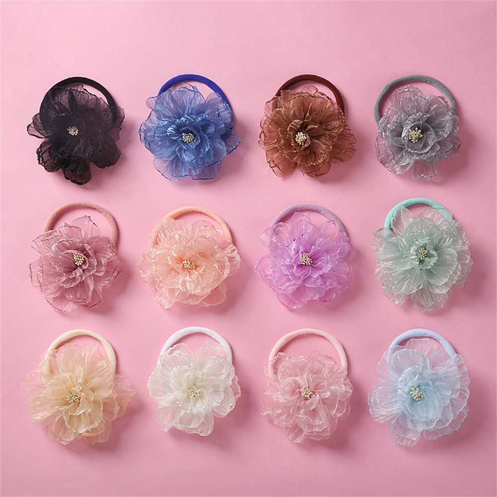 

Lovely Mesh Flower Elastic Hair Ties Scrunchies Nylon Hair Ring Rope Bands Ponytail Holder Kids Hair Accessories For Girls