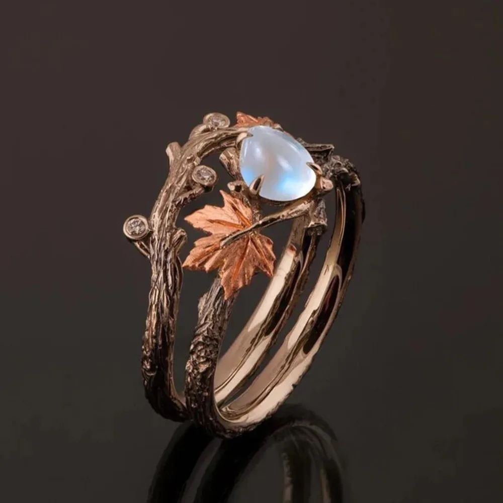 Vintage Maple Leaf Moonstone Ring - Bohemian Style Alloy, Adjustable Size for Daily Wear or Party Gift 2