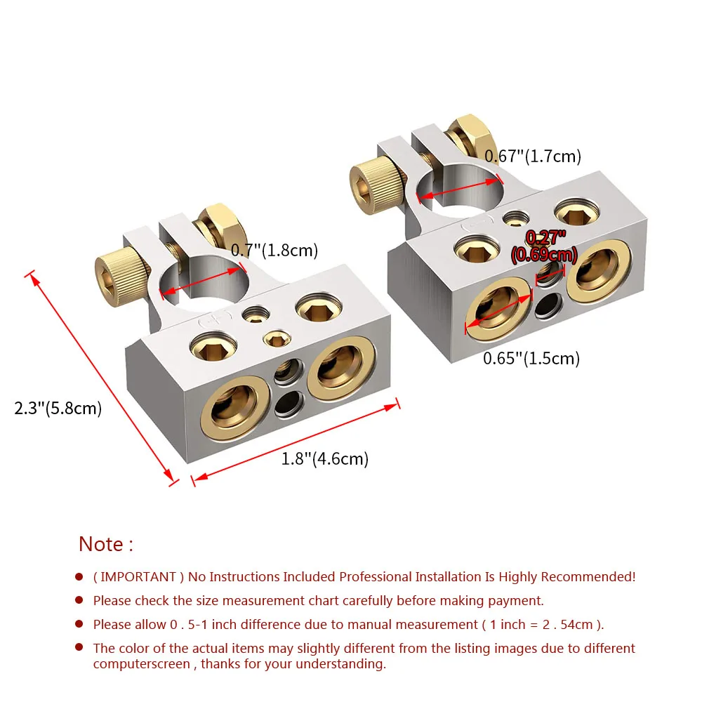 Battery terminals 1 pair car battery terminal connectors kit 2/4/8/10 AWG auto audio positive negative battery post clamp with clear covers shims