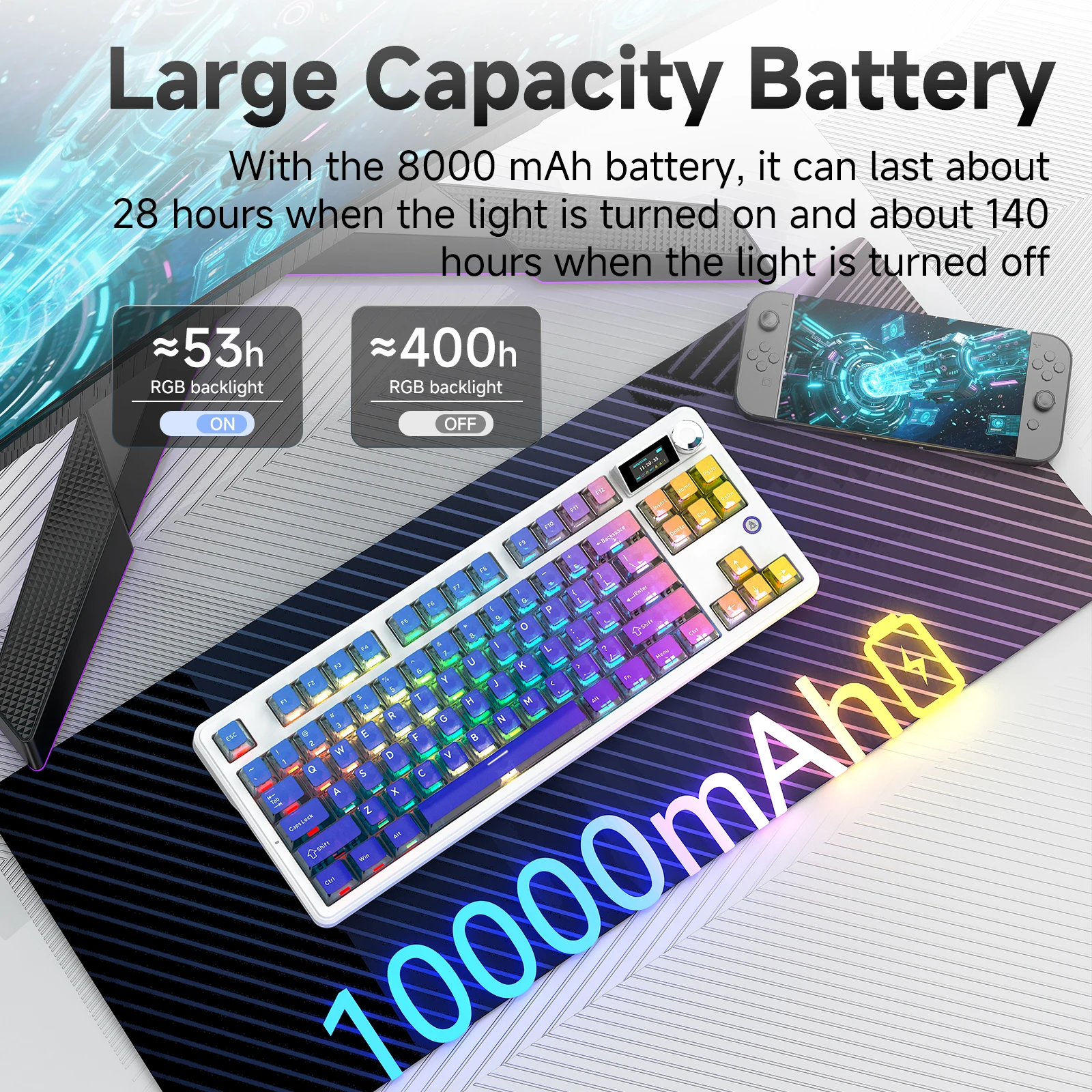 AJAZZ MK87PRO 듀얼 8000HZ 무선 블루투스 기계식 키보드(1.14인치 TFT 컬러 스크린 및 10000mAh 무선 키보드 포함)