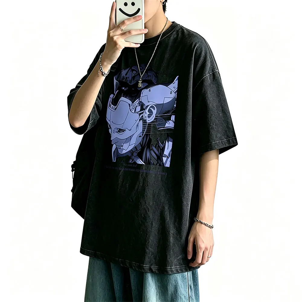 Gewaschenes Vintage Anime Ghost in The Shell T-Shirt Cartoon Motoko Kusanagi Grafik T-Shirts Herren Damen Manga Retro Oversized T-Shirt