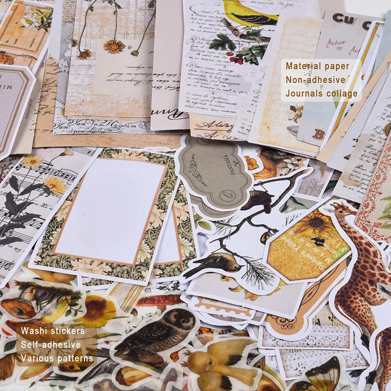 Retro Scrapbook Journaling Supplies Paper & Stickers 200 PcsPlant Flower  Mushroom Scrapbooking Material Pack for Junk Journal