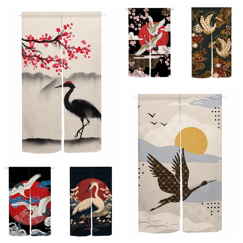 

Japanese Split Door Curtain Chinese Crane Blossom Partition Kitchen Hanging Half-Curtain Bedroom Restaurant Entrance Decor Drape