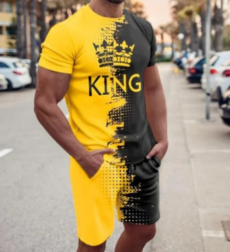 Mens King Tracksuit Set Shorts Summer Men 2 Piece Outfit Suit Casual Short Sleeve Men Clothing Oversized Tshirt Jogging Set