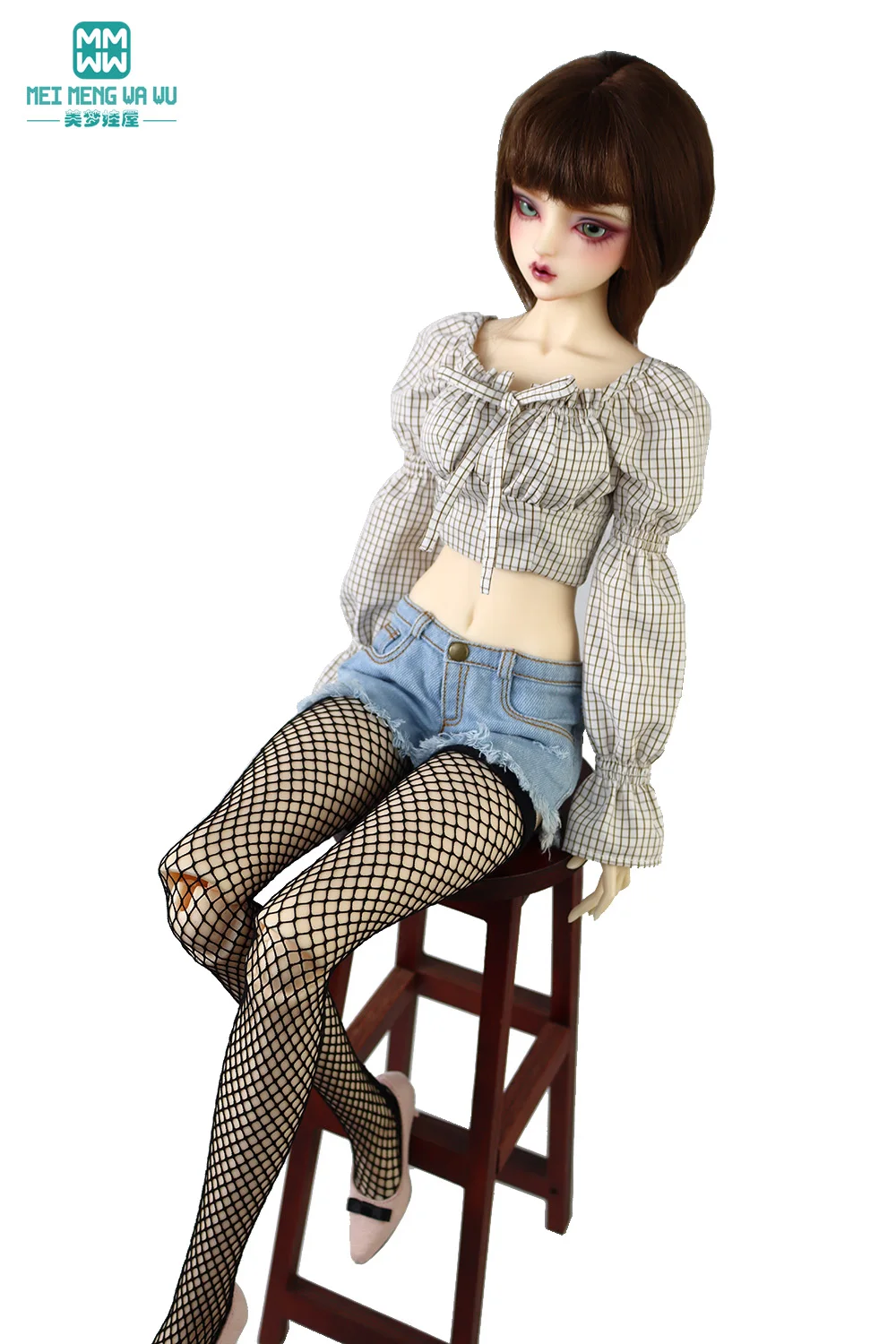 ドール服 女の子のためのbjd人形の服、市松模様のシャツ、ロングスカート