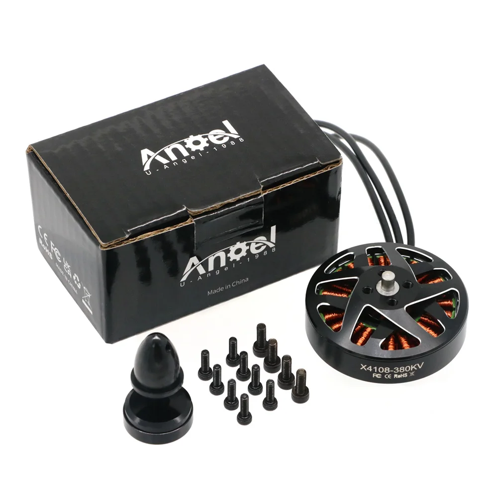 Moteur RC X4108 380KV/600KV installé sur un bras de drone, avec hélices et connecteurs visibles.