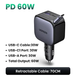 High - Power Car Charger with Retractable Cable - 4 - Port USB - C & USB - A Fast Charging - 60W