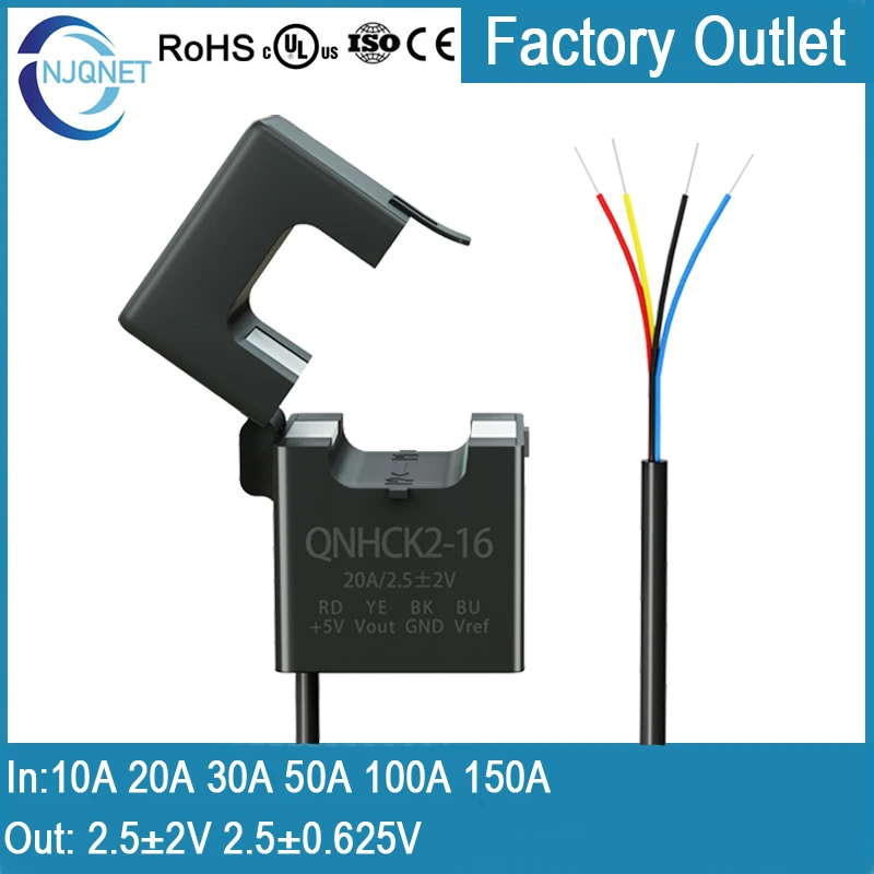 Sensor de corriente de núcleo dividido, QNHCK2-16 Hall 10A 20A 30 50A 100A/2,5 ± 0.625V 2,5 ± 2V ct, transformador de abrazadera, transductor de corriente CC hall