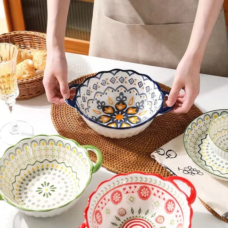 Boho Ceramic Bowls with Ears, Ins Salad Plate, Cold Dish, Underglaze Tableware Тарелки Для Еды