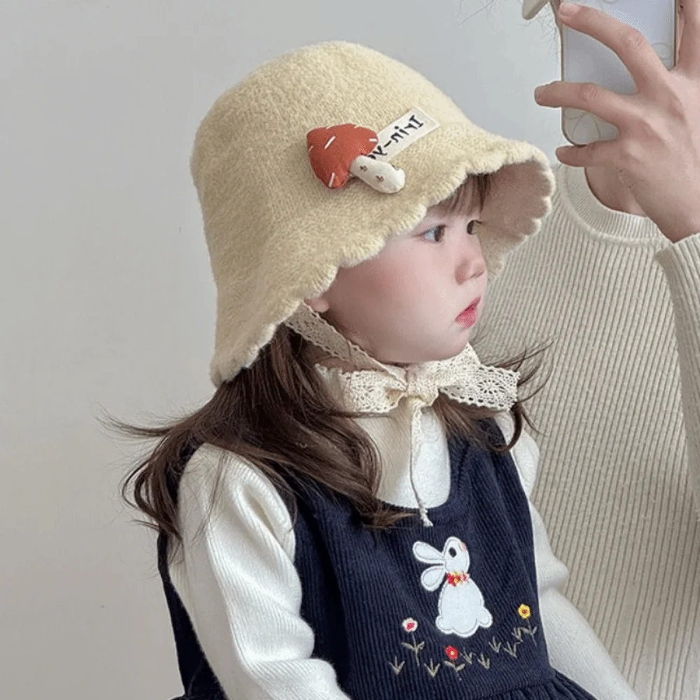 Soft Warm Knitted Hat Solid Color Windproof Curled Fisherman Cap Breathable Mushroom pattern Toddler's Knitted Hat