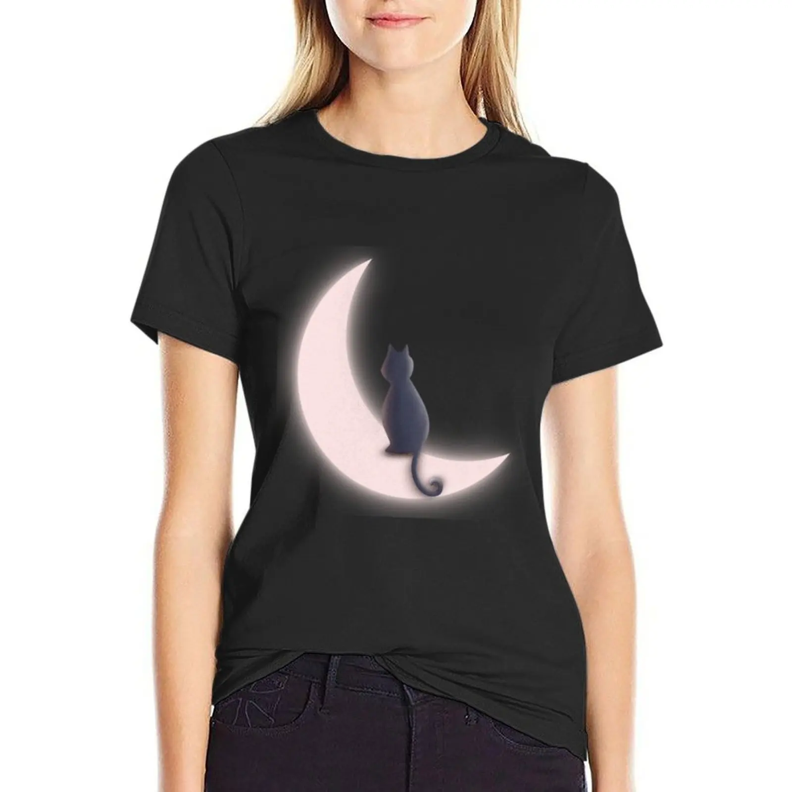 Moon And Cat T-Shirt animal print Short sleeve tee animal prinfor funny t shirts for Women